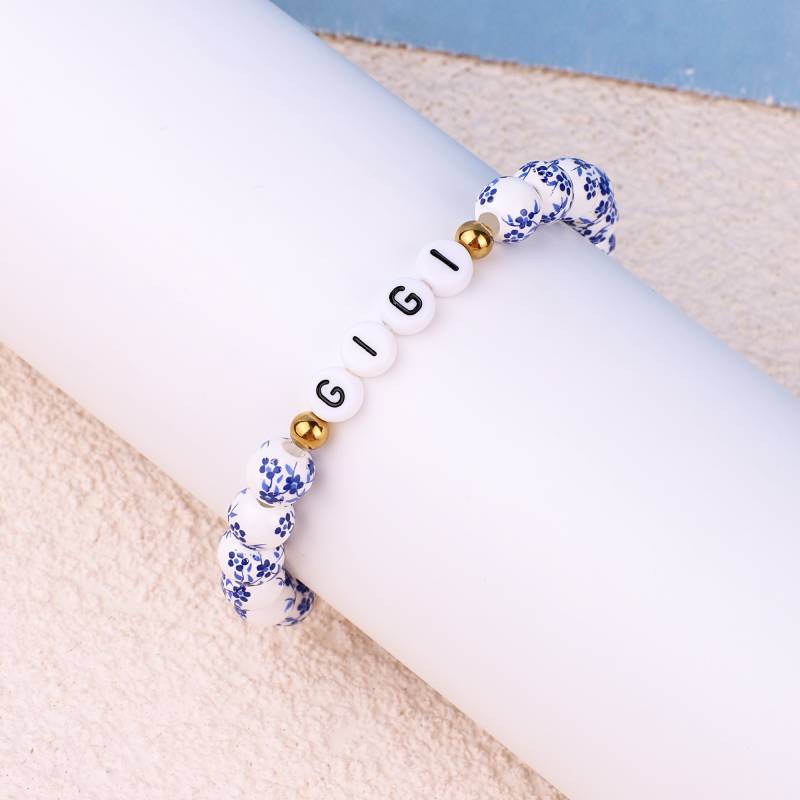 Pulsera personalizada de cuentas de porcelana azul con nombre