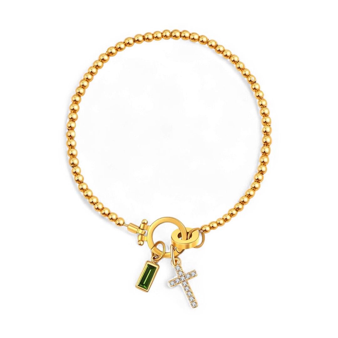 Pulsera con charm de cruz y piedra de nacimiento