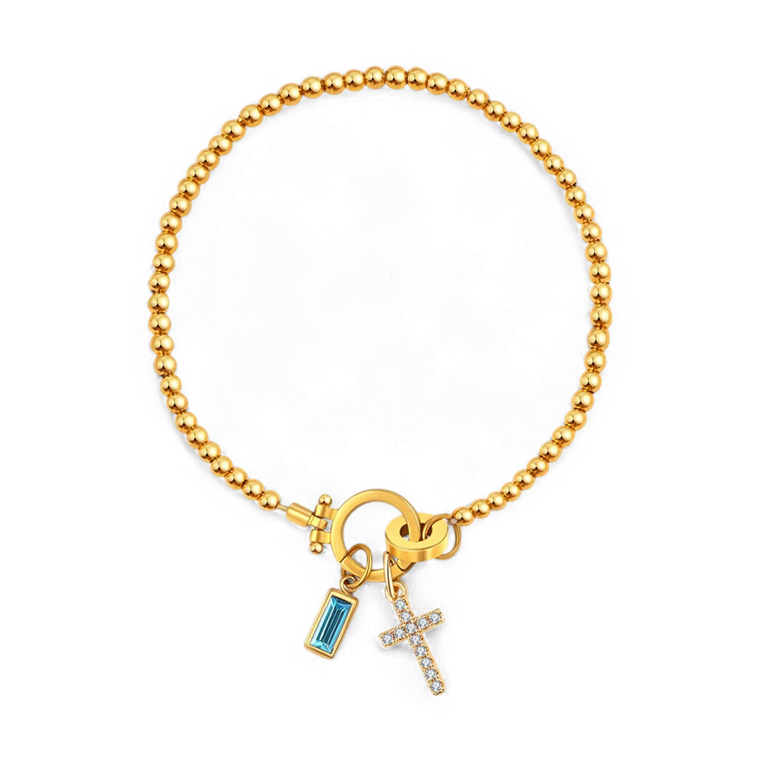 Pulsera con charm de cruz y piedra de nacimiento
