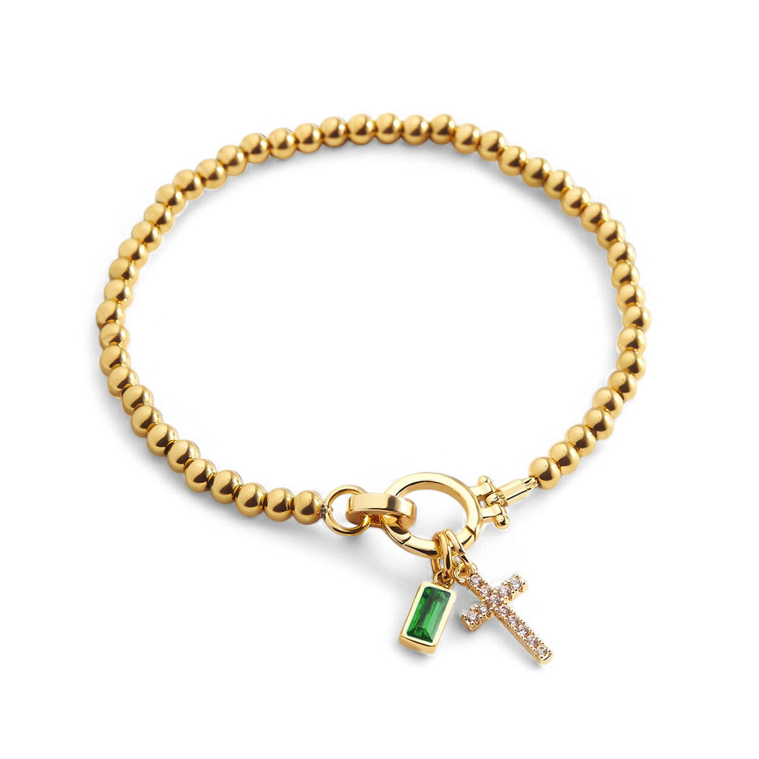 Pulsera con charm de cruz y piedra de nacimiento