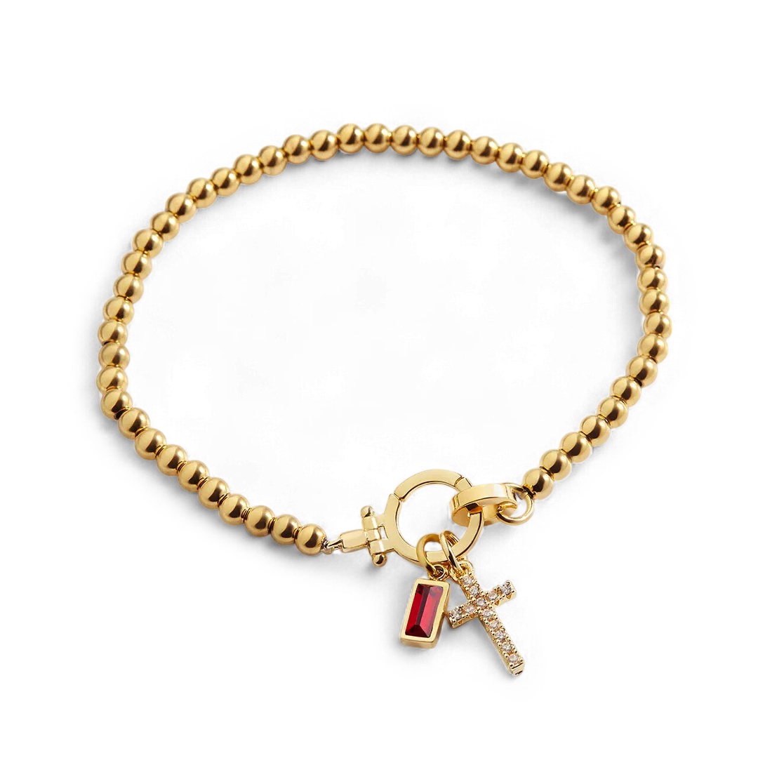 Pulsera con charm de cruz y piedra de nacimiento