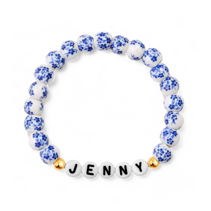 Pulsera personalizada de cuentas de porcelana azul con nombre