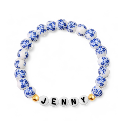 Pulsera personalizada de cuentas de porcelana azul con nombre