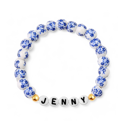Pulsera personalizada de cuentas de porcelana azul con nombre
