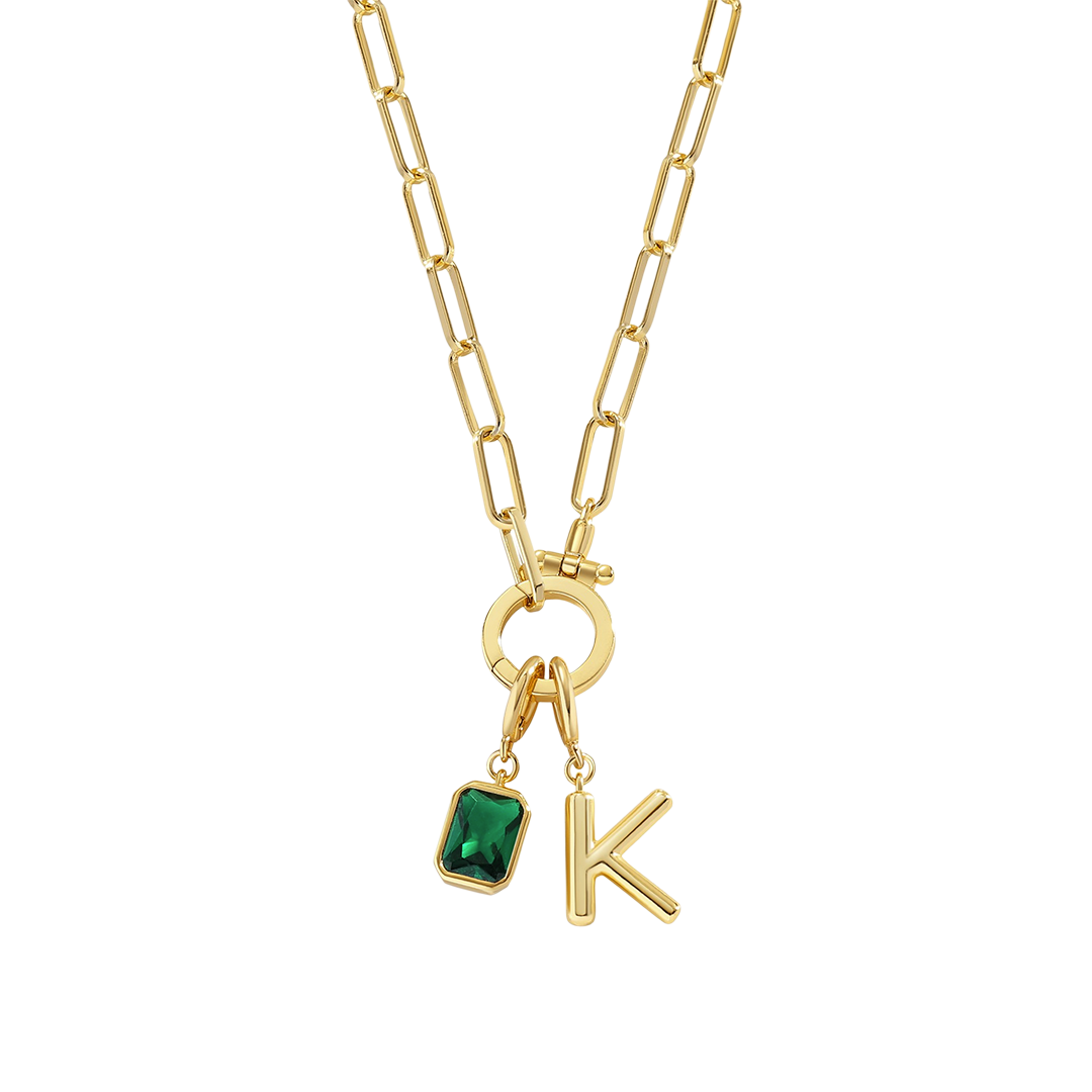 Collar Paperclip Menta con inicial y piedra de nacimiento