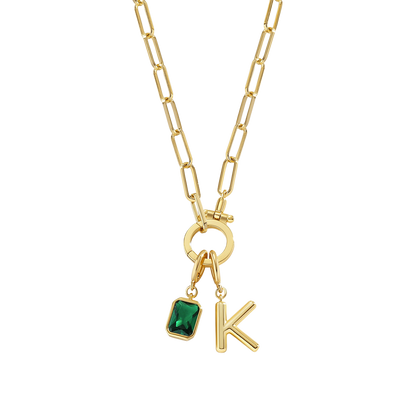 Collar Paperclip Menta con inicial y piedra de nacimiento