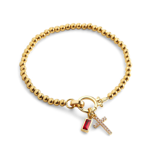 Pulsera con charm de cruz y piedra de nacimiento