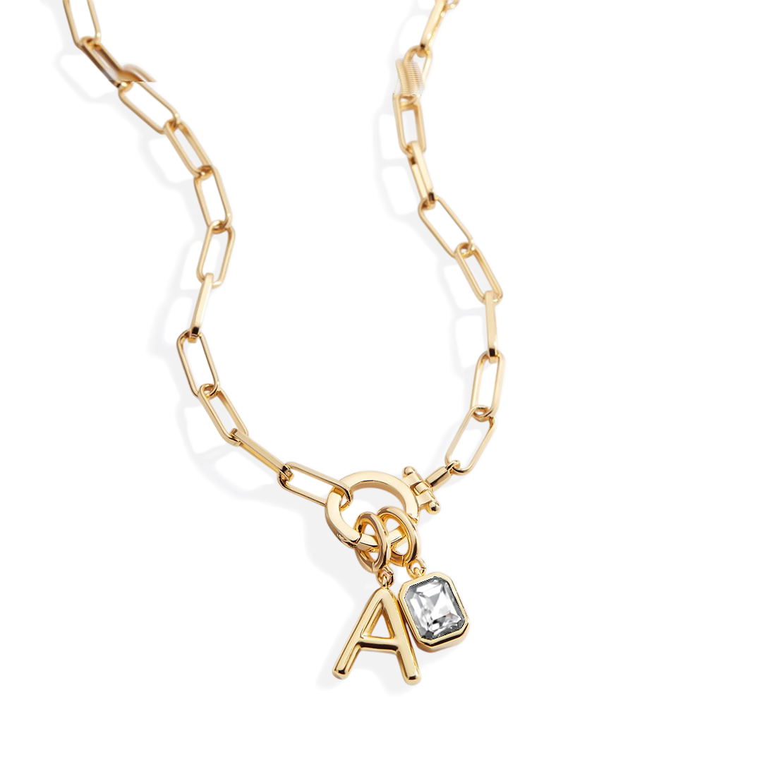 Collar Paperclip Menta con inicial y piedra de nacimiento