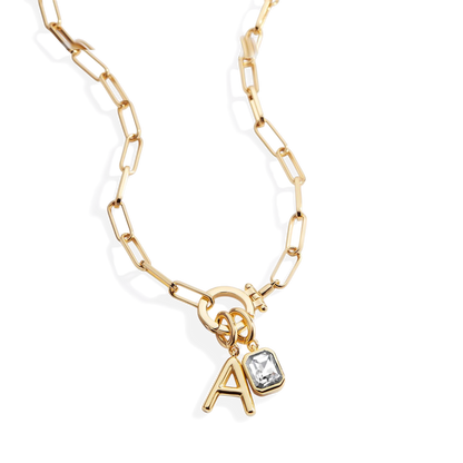 Collar Paperclip Menta con inicial y piedra de nacimiento