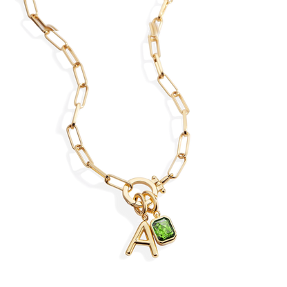 Collar Paperclip Menta con inicial y piedra de nacimiento