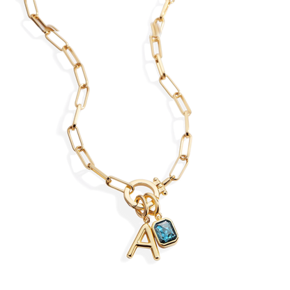 Collar Paperclip Menta con inicial y piedra de nacimiento
