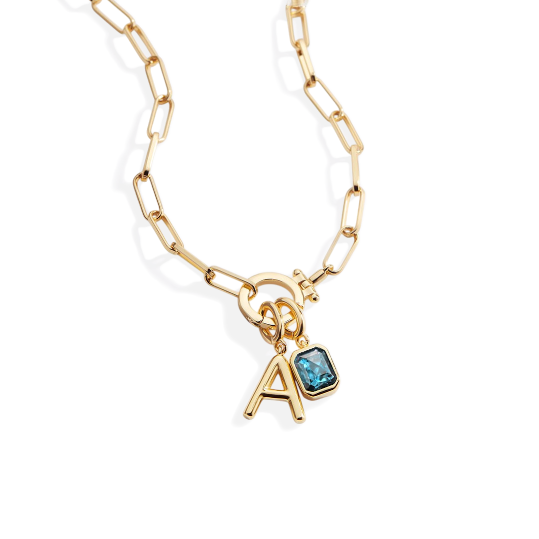 Collar Paperclip Menta con inicial y piedra de nacimiento