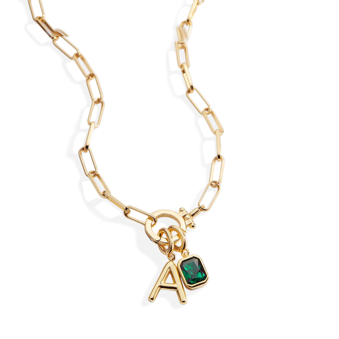 Collar Paperclip Menta con inicial y piedra de nacimiento