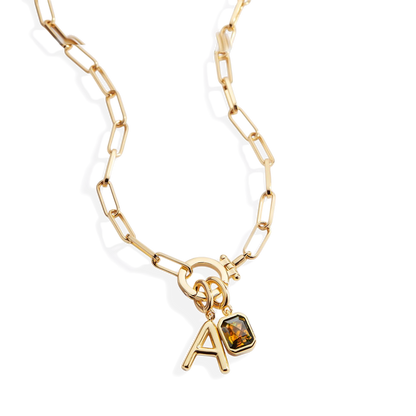 Collar Paperclip Menta con inicial y piedra de nacimiento