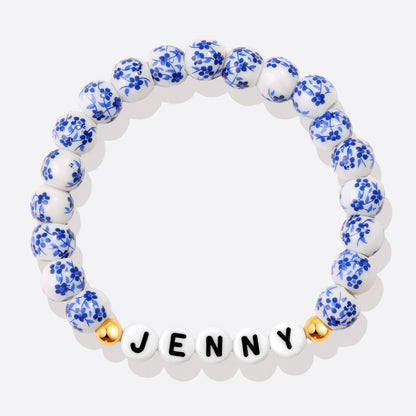 Pulsera personalizada de cuentas de porcelana azul con nombre