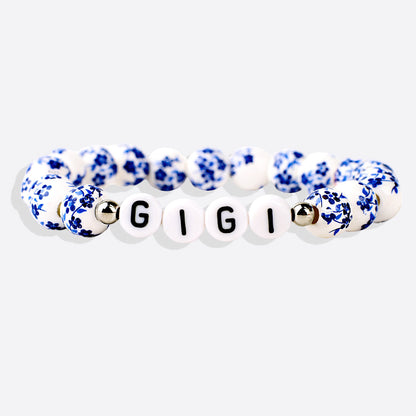 Pulsera personalizada de cuentas de porcelana azul con nombre