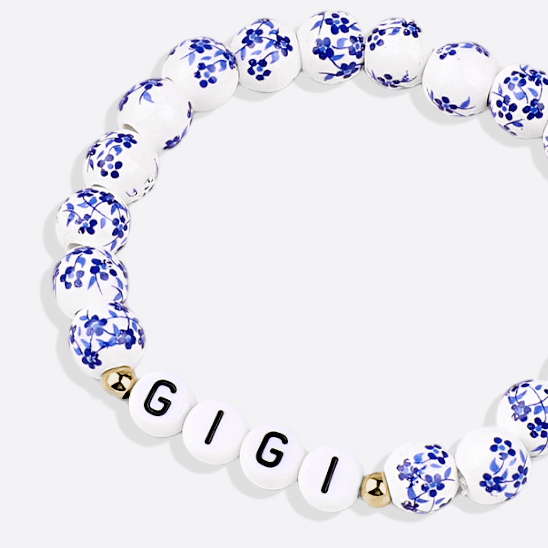 Pulsera personalizada de cuentas de porcelana azul con nombre
