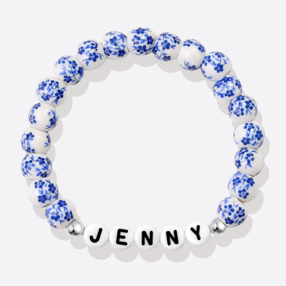 Pulsera personalizada de cuentas de porcelana azul con nombre