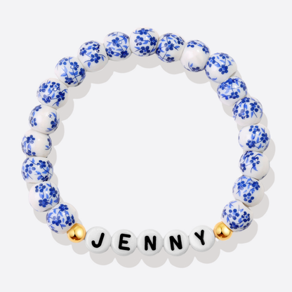 Pulsera personalizada de cuentas de porcelana azul con nombre